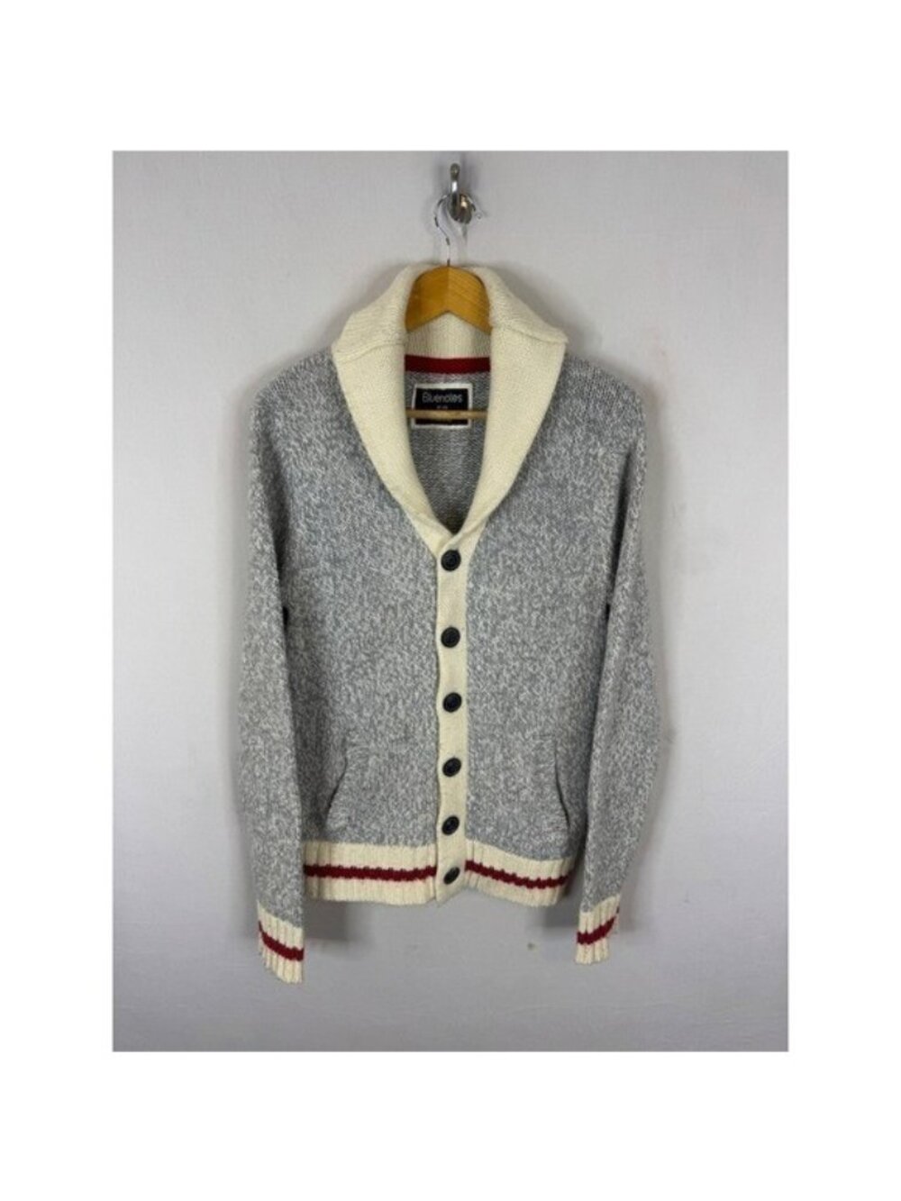 Bluenotes Grey Marled Shawl Collar Cardigan Sweater Red Stripe Trim 805-1501 S